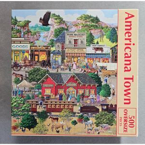SunsOut Americana Town 500 pc Joseph Burgess Missing 1 pc 19.25” x 26.625” Train